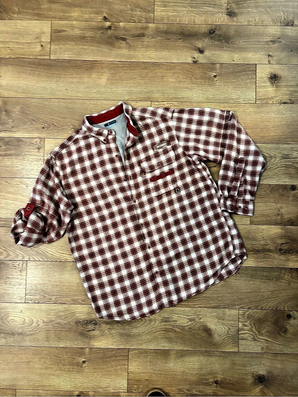 Columbia Sportwear Warm Lined Flannel Men's Red & White Plaid Shirt Large